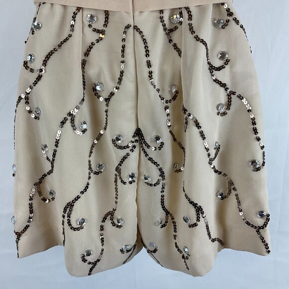 Shail K. Romper 2 Cream Brown Sequin Rhinestones Lined Short Sleeve Tie Waist - Picture 13 of 14